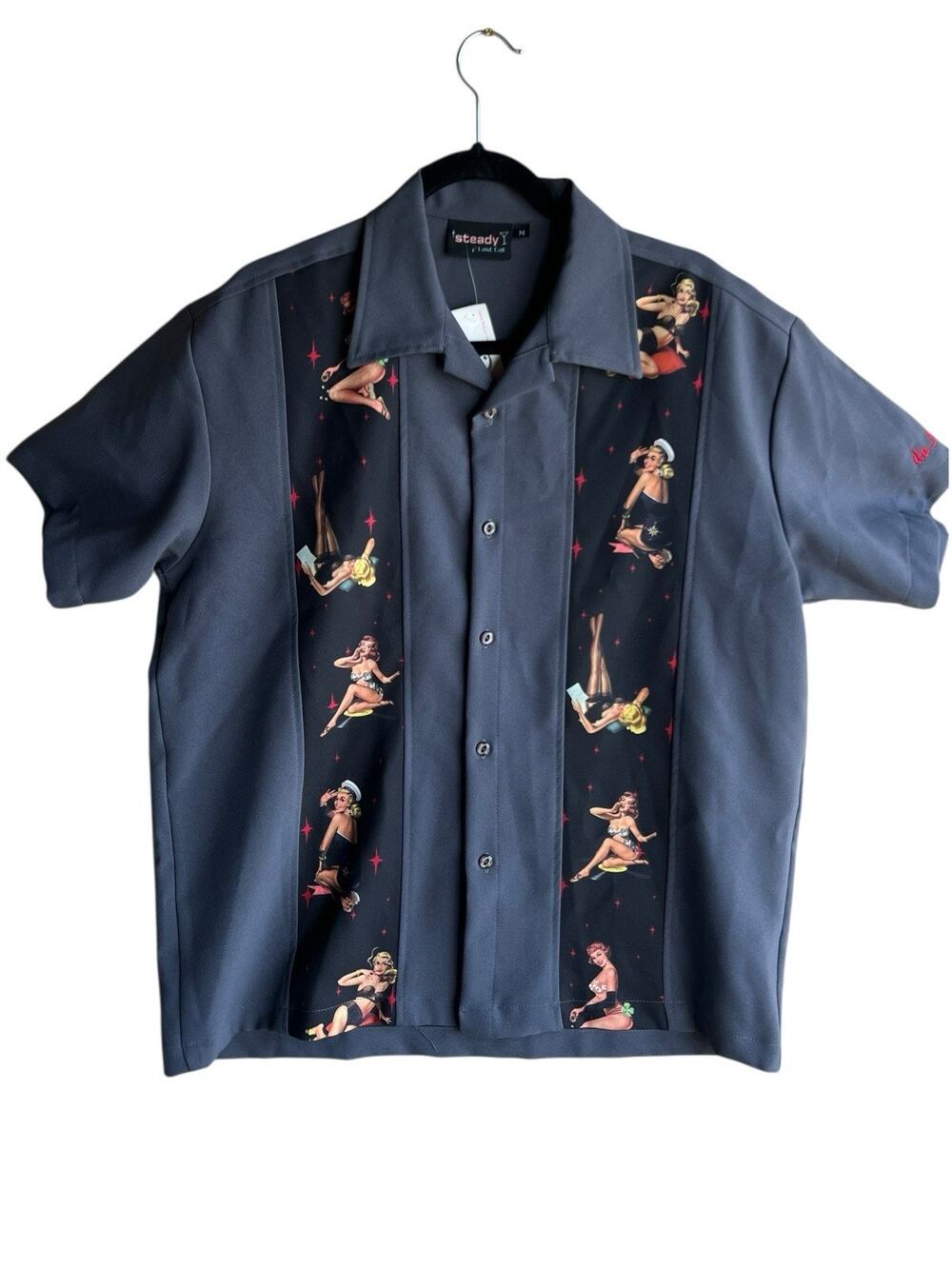 Vintage Steady Last Call Men's Shirt M Short Sleeve Gray Button Pinup Girls